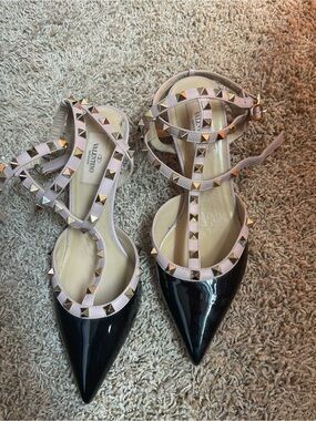 Valentino Black Patent Pointed Flats with Pale Pink Studded Straps